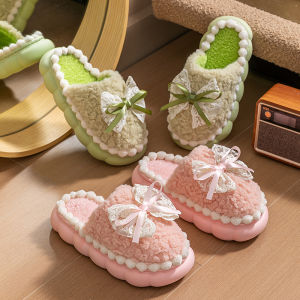 Winter Cotton Slippers Womens Plush Indoor Home Thick Bottom Anti-slip Butterfly Knot Fur Shoes Warm Cozy Home Fabric Slippers