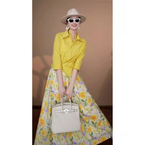 Áo Sơ Mi Vàng Thanh Lịch Bộ Váy Nữ Áo Sơ Mi Nữ Bộ Váy Nữ Bộ Đồ Hai Mảnh Thời Trang Mùa Hè Cổ Điển Thường Ngày