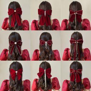 Large Size Spring Clip Red Butterfly Knot Velvet New Year Bride Half Updo Hair Clip Fashionable Korean Style Hair Accessories