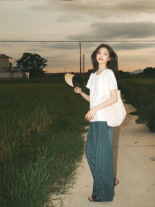 Summer Womens Pure Cotton White Shoulder Baring Loose Short Sleeve T-Shirt Atmosphere Sensation Lazy Style Top round Neck