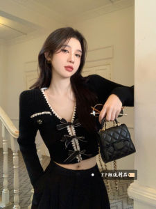 Black Knitted Open Cardigan Winter Fashion V-neck Long Sleeve Butterfly Knot Womens Sweater Jacket Loose Fit Commute Style