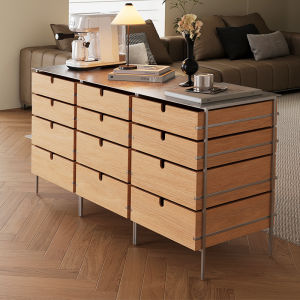 Vintage Style Stainless Steel and Solid Wood Modular Storage Cabinet with 4 Drawers