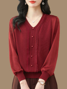 Silk V-Neck Knitwear Thin Loose Womens Top Silk Blend Ice Silk Patchwork Korean Style Long Sleeve Casual Fashionable Shirt