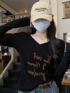 Letter Embroider Heavy Industry Pure Cotton V-neck Long Sleeves T-shirt Womens Autumn and Winter K-style Slim Fit Inner Wear Slim Looking Bottoming Shirt Tops