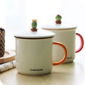 Creative Cactus Ceramic Mugs with Lid Spoon Office Coffee Milk Cup Adorable Refreshing Simple Design Adult Daily Use Cups