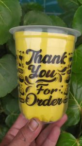 Gelas Cup Minuman Plastik Motif Thankyou 14oz 16oz 18oz 22oz Oval Datar