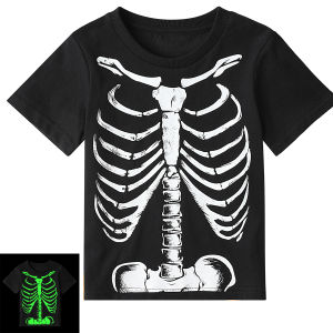 T Shirt for Kids Boy Halloween Costume Baby Preschool Wear Toddler Skeleton Glow in the Dark Short Sleeves Tees Birthday Photography Clothes Animal Spot Theme Party Pajamas Pumpkin Tees
