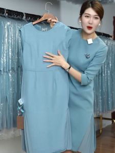 เรียบหรู สีน้ําเงิน ทรงเอ เดรส Professional ผู้หญิง แฟชั่นการเดินทางธรรมชาติ เอว แขนสั้น กระโปรงยาวปานกลาง เรียบง่าย สไตล์ Ladylike