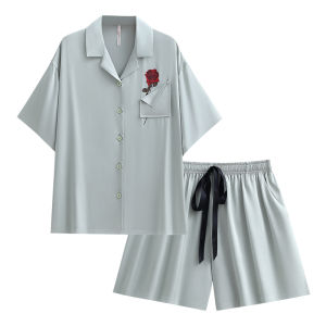 yuenei | ชุดนอนผ้าไหมน้ำแข็งสำหรับผู้หญิงในฤดูร้อน แขนสั้น กางเกงขาสั้น ผ้าไหมน้ำแข็ง ชุดอยู่บ้าน ลำลอง ใส่กลางแจ้ง ชุดนอนผ้าไหมบาง ชุดนอนผ้าไหมเย็น