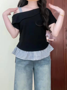 Áo Thun Tay Ngắn Hở Vai Kiểu Pháp Cỡ Lớn Mùa Hè Cho Nữ Áo Thun Kẻ Caro Xếp Ly Áo Thun Dáng Rộng Áo Thun Thường Ngày