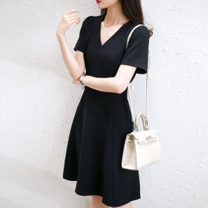 Elegant French Style V-Neck Dress Slimming High Waist Luxury Black Gown Cover up Chiffon A-Line Skirt Commute Korean Style