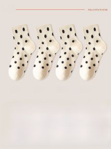 JINGCHI | Tất cotton kẻ sọc dài đến bắp chân cho nữ mùa thu đông thường ngày chống mùi tất thể thao màu đen và trắng hợp thời trang