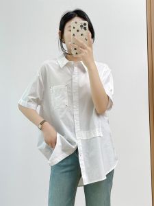 Sainag Womens Cotton Short Sleeve Shirt Mid to Long Length Korean Style Loose Fit Casual Pure Color College Style Top
