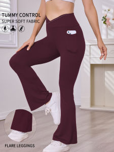 Womens Super Soft Crossover High Waisted Flare Legging With Pockets Tummy Control Yoga Bootleg Bell Bottoms