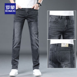 Romon Ice Silk Nine-Tenths Jeans Mens Summer Thin Slim Straight Elastic Casual Long Pants Cool Feeling Washed Cotton Blend