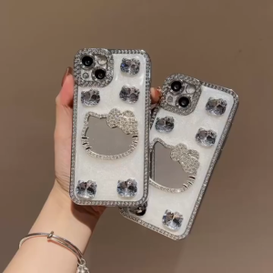 3D inlaid cat rhinestone dropper phone case for iPhone 13 14 15 16 17 Pro Max Plus casing Water Diamond Surrounding Cat Mirror Protective Cover for iPhone16Promax case