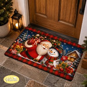 VIKAMA Christmas Candy Cane Plaid Doormat 2D Print Non‑Slip Holly Berry Xmas Entrance Floor Mat For Front Door Home Decor