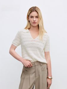 Comfortable Soft Knitted Short Sleeve V-Neck Retro Design Slim Fit Shoulder Womens Top ONLY2025 Spring New Arrival Hollow out Design