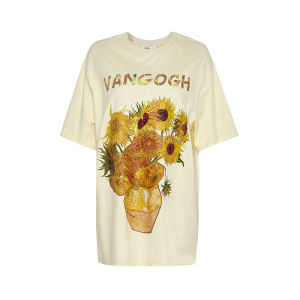 Loose Womens T-shirt Short Sleeve Black Summer New Style Floral Wild Cotton 100% round Neck Print Embroidery Vintage Style