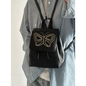 Retro Butterfly Drawstring Backpack Womens 2024 New Style Casual Commuting School Bag Soft PU Material Medium Size