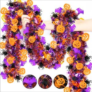 Halloween Tinsel Garland with Pumpkin Spider Bat Shiny Metallic Twist Garland for Home Tree Indoor Outdoor Party Decorations