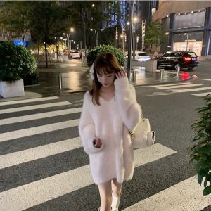 2023 New Korean Style Loose Lazy Soft V-neck Knitwear Medium Length Sweater Slimming Trendy Top for Young Women