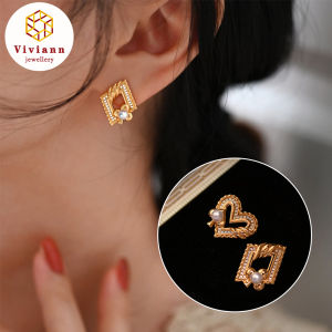 Viviann Original Love Diamonds Pearl Earrings Female Earrings Hollowed French Accessories S925 Silver 14k Gold Plated Pearl Stud Earrings Shiny Zircon Exquisite Earrings for Women Wedding Jewelry