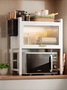 Kitchen Countertop Microwave Rack Carbon Steel Multi-Layer Closed Dust-Proof Cabinet Oven Storage Rack With Cabinet Door