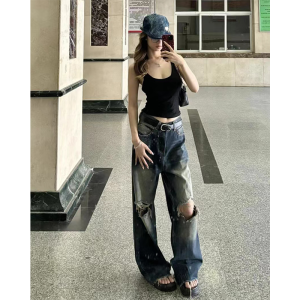 กางเกงยีนส์ทรงหลวมขาตรงสไตล์อเมริกันย้อนยุคสำหรับผู้หญิง กางเกงขายาวทรงหลวมเอวสูง ดีไซน์ขาดๆ ปลายขาเปิด ฤดูร้อน 2024