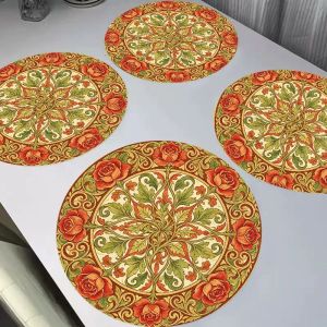 VIKAMA 2/4/6PCS Bohemian Flower Round Table Mat Anti Oil Scratchable Anti Slip Retro Home Dining Table Kitchen Decoration