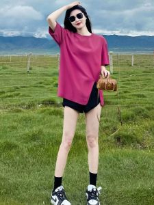 Spring Summer Womens Cotton T-Shirt Short Sleeve Side Slit Mid-Length Cover Butt Pure Cotton Top Korean Style Loose Fit