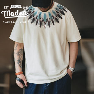 MADEN brand Tooling Style Men 2024 Summer New American Retro Indian Feather Print Short Sleeve Boyfriend Distressed Loose Ethnic Style Boy T-Shirt