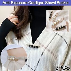 2PCS Anti-Exposure Cardigan Shawl Buckle Jeans Skirt Adjustable Buckle Waist Tight Clip Pearl Pin Buckle Pants Waist Pin Pearl Brooch Clip