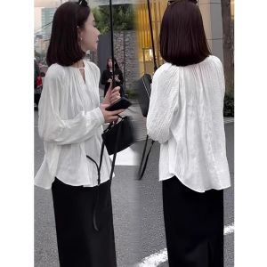 Elegant French Style White Shirt for Women Loose Fit Long Sleeves with Asymmetrical Ruched Design Pure Color Pullover