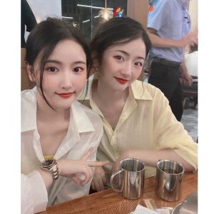 Áo Sơ Mi Dài Tay Rộng Rãi Thoáng Khí Chống Nắng Màu Trơn Cổ Chữ V Mùa Hè 2023 Áo Khoác Cardigan Hở Xương Giảm Tuổi