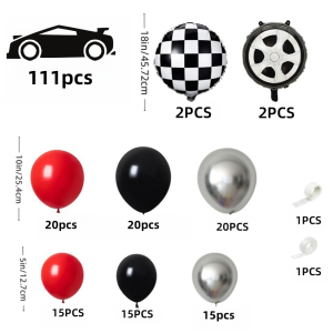111-Piece Racing-Themed Birthday Party Balloon Arch Set Red Black and Silver with Wheel Hub Balloons Perfect for Childrens Racing-Themed Birthday Parties Bachelor Parties Graduation Ceremonies and Event Decorations
