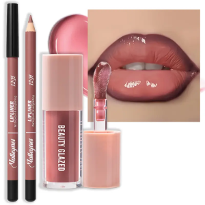 2pcs Waterproof Long-Lasting Matte Lip Makeup Set - Lip Liner & Glaze Combo with Pencil Texture Red Brown Pink Nude Tones