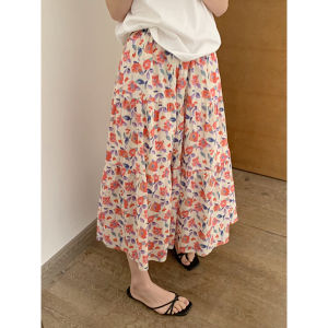 Váy Midi Chữ a Họa Tiết Hoa Cổ Điển Hàn Quốc Mùa Hè Eo Thun Váy Dài Đa Năng Xếp Ly Váy Chữ A Dài