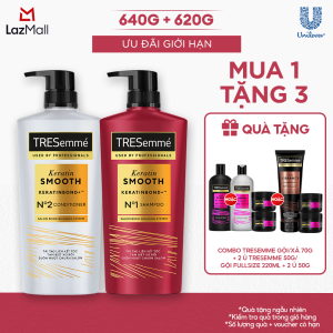 Combo Dầu Gội Và Dầu Xả TRESemmé Keratin Smooth Keratinbond+ Cho Tóc Khô Xơ Rối Vào Nếp Suôn Mượt 640g 620g