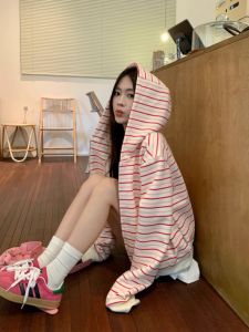Pink Striped Hoodie Cardigan Casual Loose Style Womens Spring Autumn Student Lazy Fashion Zipper Coat Long Sleeve Regular Length