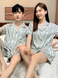 MiiOW | ชุดนอนผ้าไหมน้ำแข็งสำหรับคู่รัก แขนสั้น ฤดูร้อน 2025 ชุดอยู่บ้าน ผ้าฝ้ายผสมโพลีเอสเตอร์ 95% ยืดหยุ่น 5%