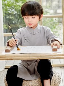 Boys Long Han Dynasty Cotton and Linen Robe Vest Martial Arts Performance Long Shirt Unlined Long Gown Childrens Comic Dialogue Clothes Tang Suit Spring and Autumn