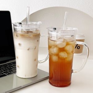 New High Borosilicate Glass Straw Cup Womens Handle Milk Juice Large Capacity Student Creative Line Style Water Cup