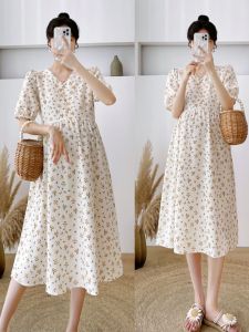 Maternity Nursing Dress Floral Print V-Neck Midi Skirt Korean Style Polyester Fabric Summer Season Short Sleeve A-Line Skirt
