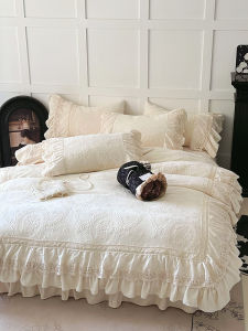 Winter Thickened French Carved Cream Style Milk Velvet Four-Piece Set Hollow Lace Bedding Cover Princess Bed Skirt