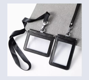 Double sided transparent PVC and Real Leather Work Card Holder with Lanyard Staff Hanging Neck Anti-interference Protection ID Badge Cards Cases