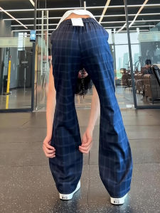 ZHUOCAN | Dark Blue Thin Sport Gingham Quick-Dry Flared Pants