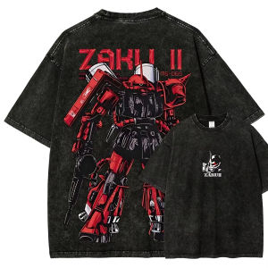 Bandai | Zaku II TShirt Char Aznable Men Vintage Acid Wash Mecha MS-06S Streetwear Breathable Retro Mobile Suit Zeon Japanese Graphic Tee