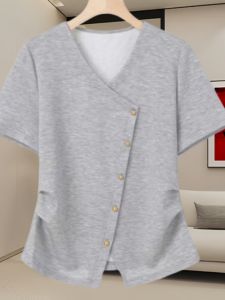 Thin Pure Cotton Short Sleeve T-shirt Summer New Arrival Waist-Tight Slimming V-Neckline Chic Stylish Casual Loose Ladies Tops