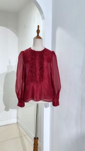 Áo sơ mi tơ bèo nhún nữ tính HeraDG thiết kế tay dài măng séc xẻ thời thượng cổ tròn nẹp mở trước SAKBE1002